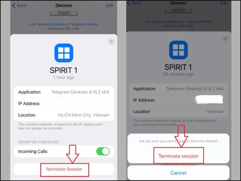 Chọn Teminater Session để đăng xuất Telegram trên thiết bị khác từ xa