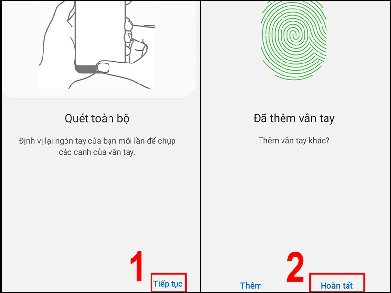 Chọn Tiếp tục, quét toàn bộ cạnh ngón tay và nhấn Hoàn tất