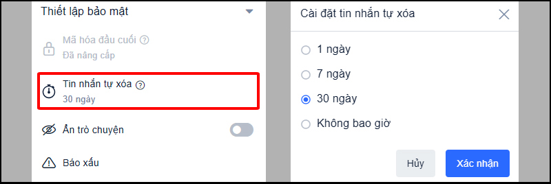 Chọn Tin nhắn tự xóa và thiết lập thời gian mong muốn