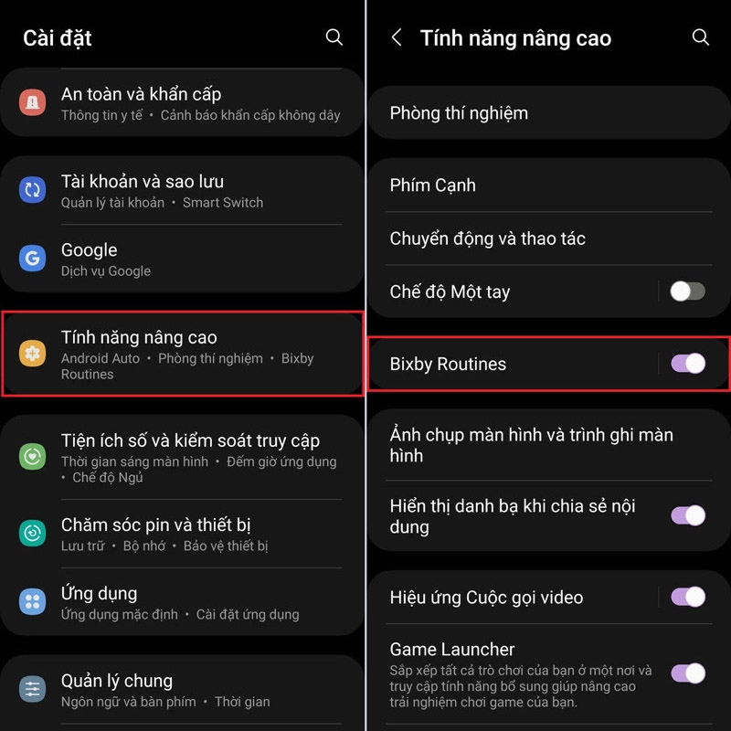 Chọn Tính năng nâng cao và chọn Bixby Routines