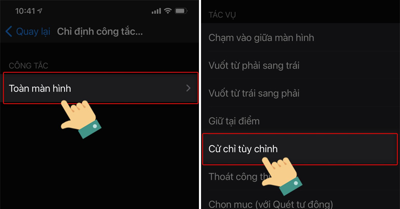 Chọn Toàn màn hình, Cử chỉ tùy chỉnh sau đó Lưu lại