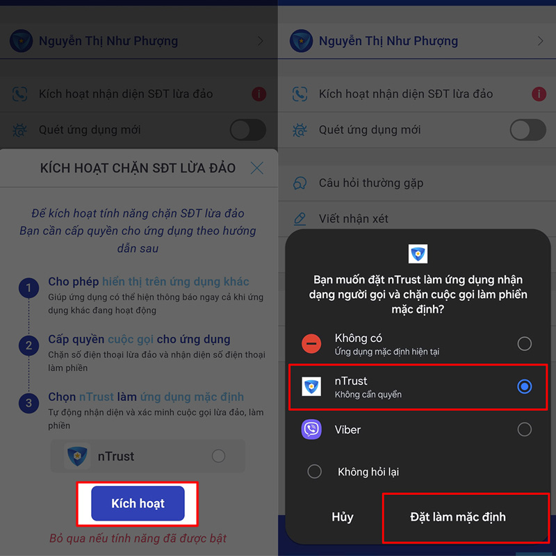 Chọn ứng dụng nTrust và nhấn Đặt làm mặc định