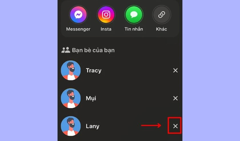 Chọn vào biểu tượng dấu x tương đương với người muốn hủy kết bạn