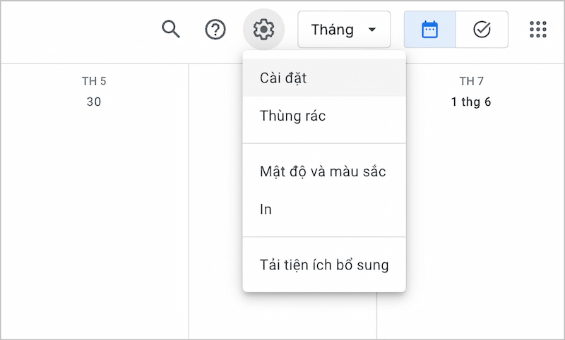 Chọn vào Cài đặt trên Google Calendar