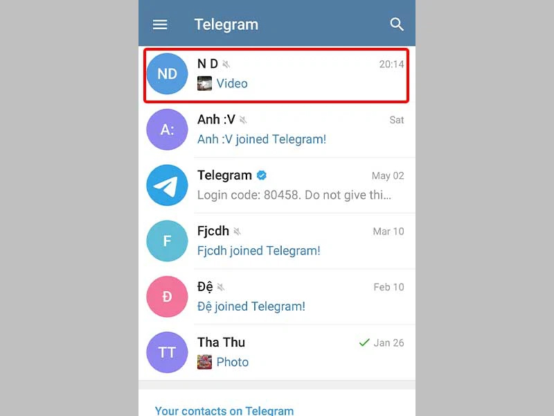 Chọn vào cuộc hội thoại Telegram có video muốn tải