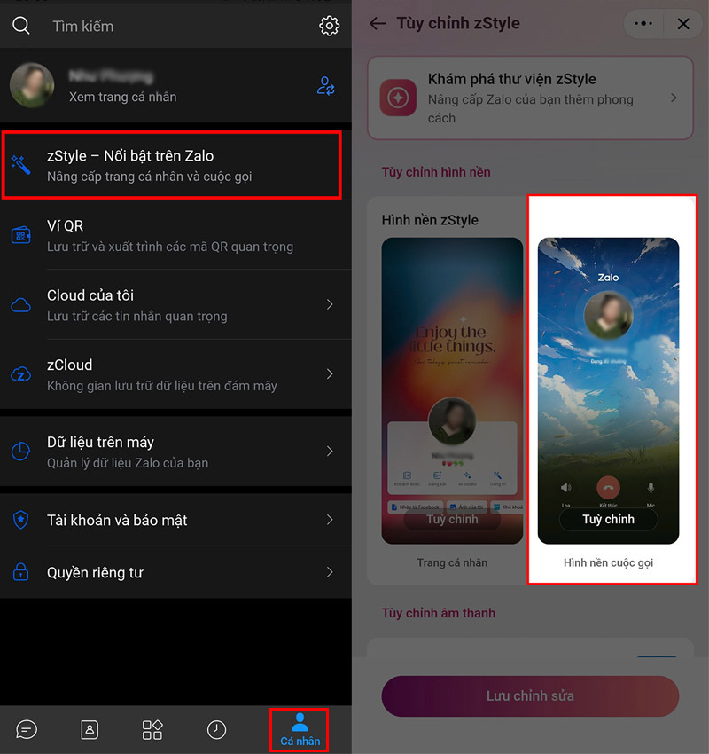 Chọn vào hình nền cuộc gọi trong mục zStyle