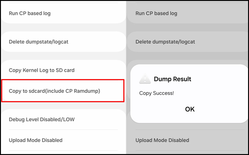 Chọn vào mục Copy to sdcard(include CP Ramdump)