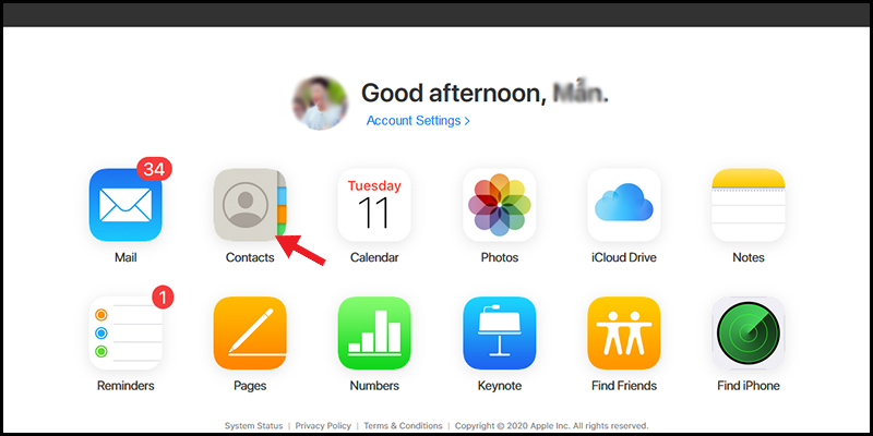 Chọn vào mục Danh bạ trên iCloud
