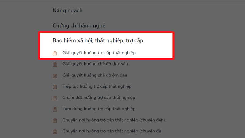 Chọn vào Giải quyết hưởng trợ cấp thất nghiệp trong mục Bảo hiểm xã hội