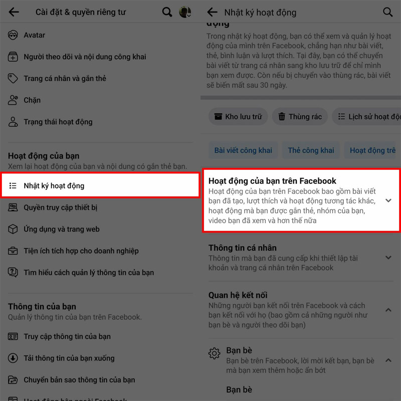 Chọn vào mục Hoạt động của bạn trên Facebook