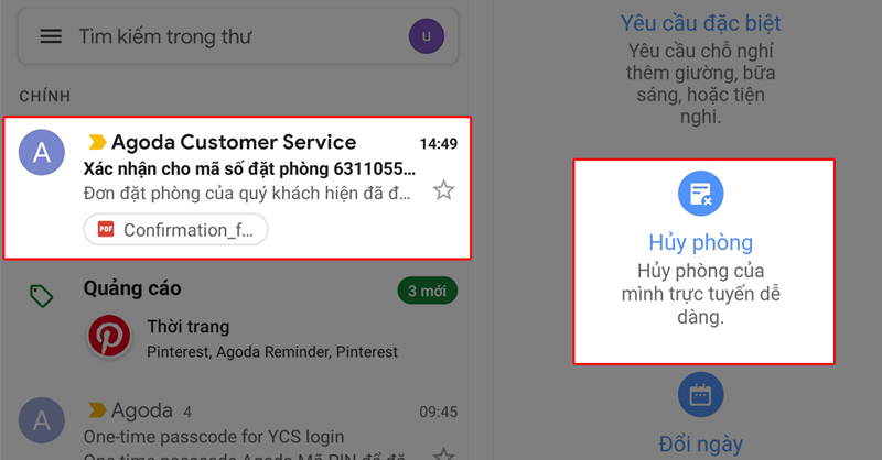 Chọn vào mục Hủy phòng trong mail xác nhận đặt phòng