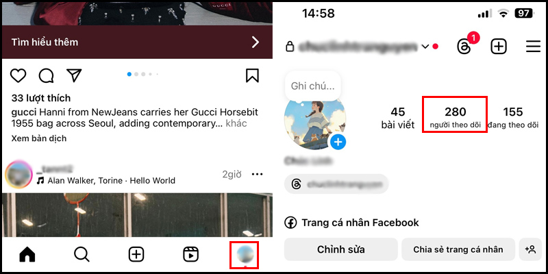 Chọn vào người theo dõi trên trang cá nhân Instagram