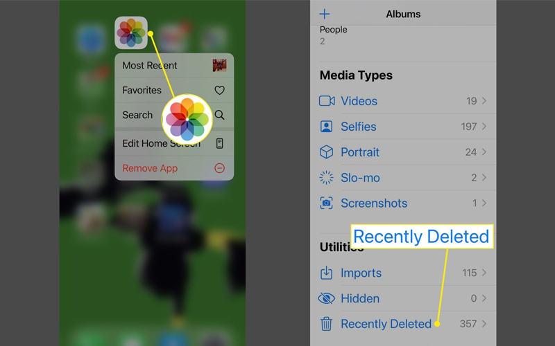 Chọn vào mục Recently Deleted trong thư viện Ảnh