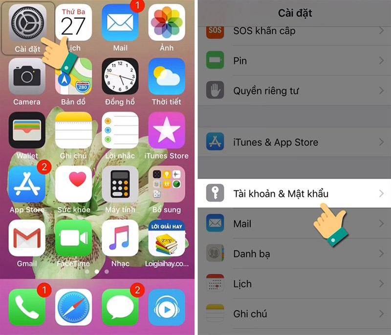 Chọn vào mục Tài khoản & mật khẩu trên điện thoại iPhone