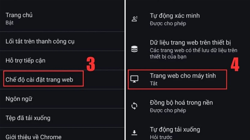 Chọn vào mục Trang web cho máy tính