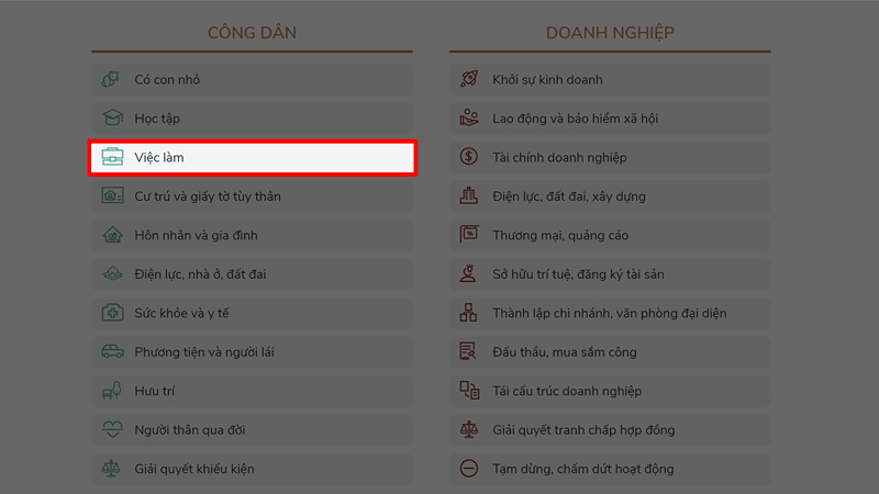Trong trang chủ Cổng Dịch vụ công Quốc gia chọn vào mục Việc làm