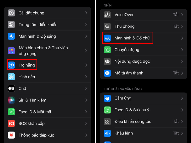 Chọn vào Trợ năng và chọn Màn hình & Cỡ chữ