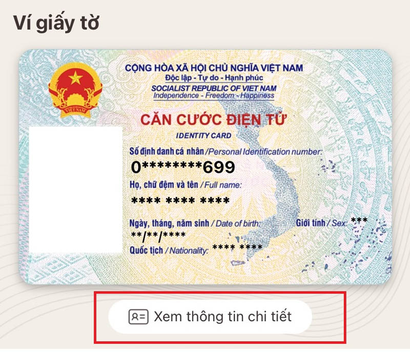 Chọn vào xem thông tin chi tiết trong Ví giấy tờ