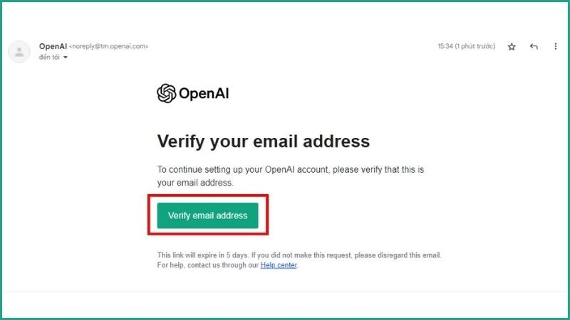 Chọn Verify email address khi nhận được email của OpenAI