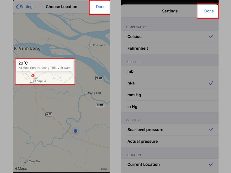 Chọn vị trí muốn đo nhiệt độ và nhấn Done để hoàn tất