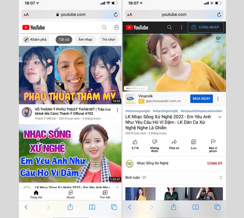 Chọn video nhạc muốn nghe trên Youtube tại trình duyệt Safari