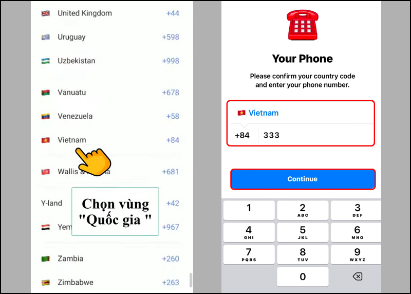 Chọn Vùng quốc gia và nhập số điện thoại đã đăng ký Telegram