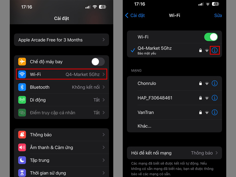 Chọn Wi-Fi và nhấn vào biểu tượng chữ i