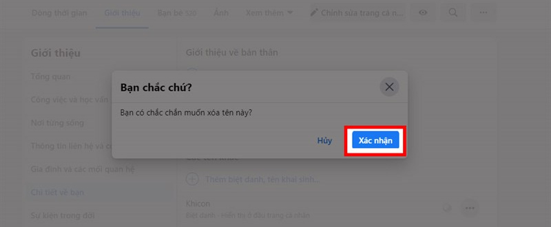 Chọn Xác nhận để hoàn tất quá trình xóa biệt danh trên Facebook