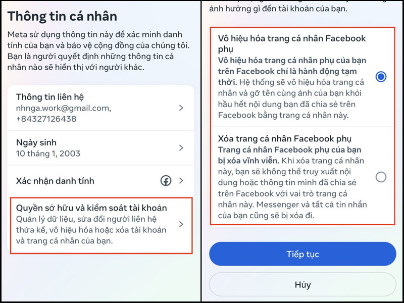 Chọn xoá hoặc vô hiệu hóa trang cá nhân phụ Facebook