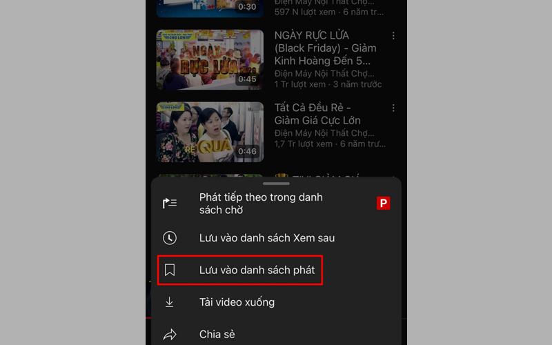 Click vào mục Lưu vào danh sách phát tại menu tùy chọn