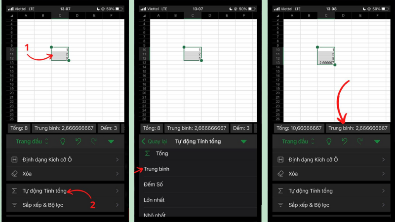 Sử dụng công thức tự động tính tổng trên Excel điện thoại