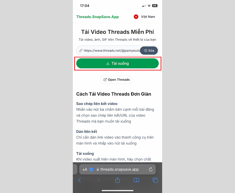 Dán URL video Threads vào công cụ tải về