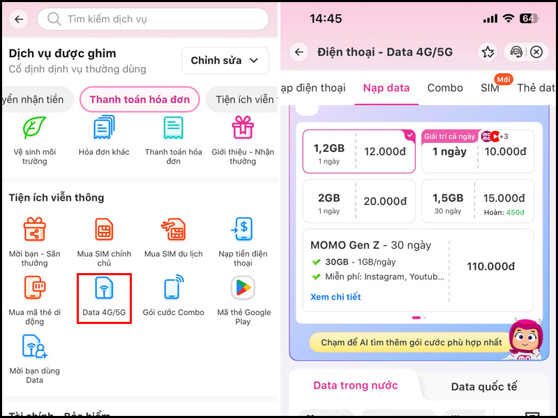 Vào MoMo chọn Data 4G/5G sau đó chọn gói cước tương ứng