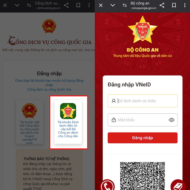 Đăng nhập vào Cổng Dịch vụ công Quốc gia trên điện thoại