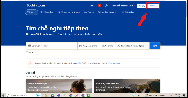 Đăng nhập vào trang web Booking.com