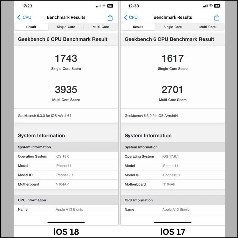 Điểm đánh giá hiệu năng GeekBench 6 của iOS 18 và iOS 17 