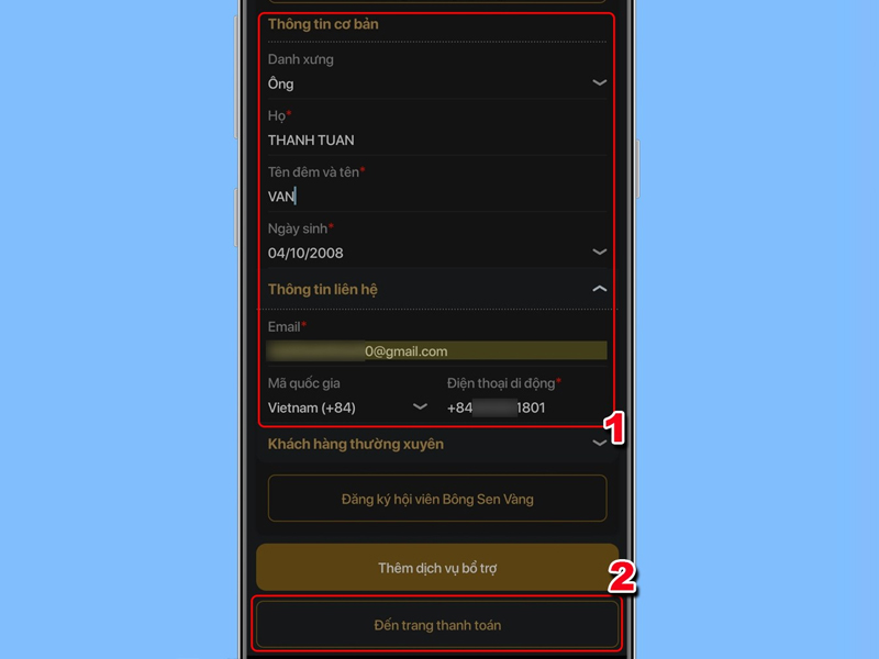 Điền đầy đủ thông tin cá nhân theo yêu cầu và chọn Đến trang thanh toán