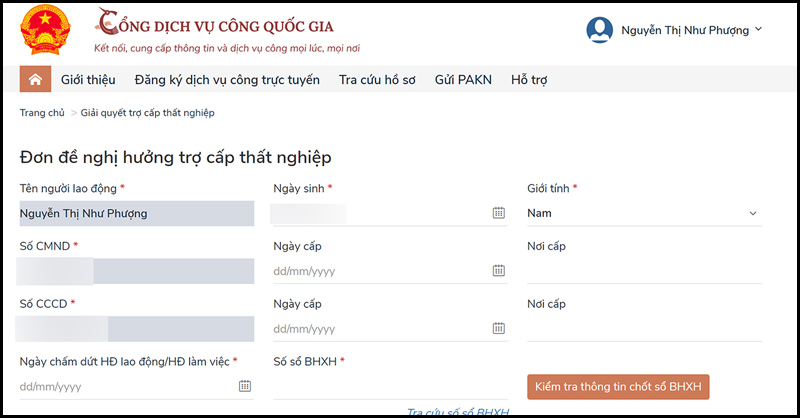 Điền đầy đủ thông tin để tiến hành đăng ký bảo hiểm thất nghiệp online