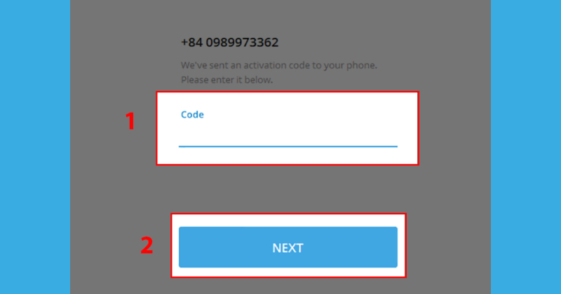 Điền mã Code và chọn NEXT để đăng nhập vào tài khoản Telegram thứ 2