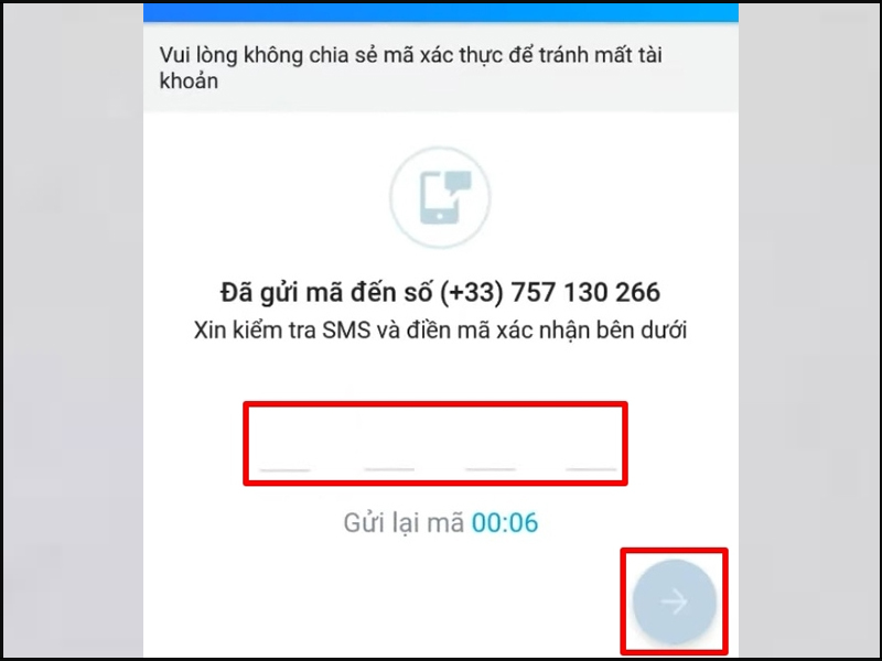Quay lại Zalo và điền mã đó vào