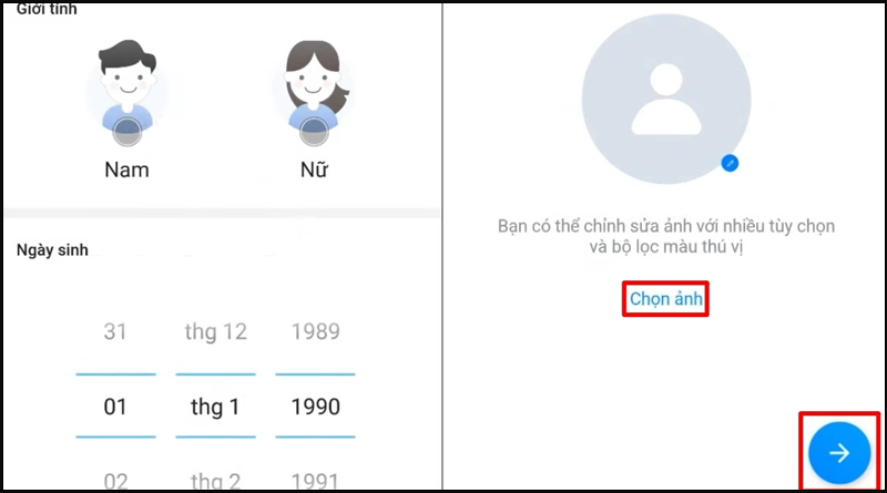 Zalo sẽ chuyển đến phần đăng ký các thông tin cá nhân