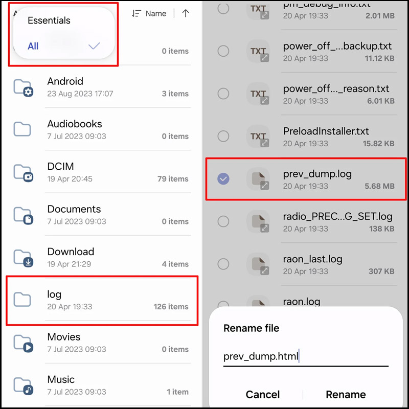 Đổi tên tệp prev_dump.log thành prev_dump.html