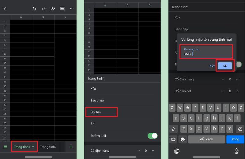 Đổi tên trang tính Excel trên điện thoại