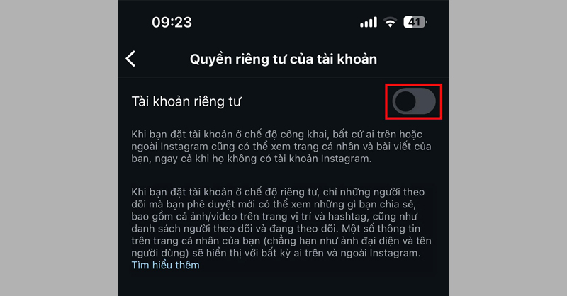 Gạt công tắc ở mục Tài khoản riêng tư sang bên phải để bật chế độ PRV