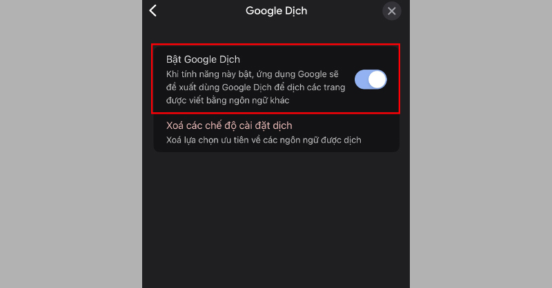 Gạt công tắc sang bên phải để bật Google Dịch khi duyệt web