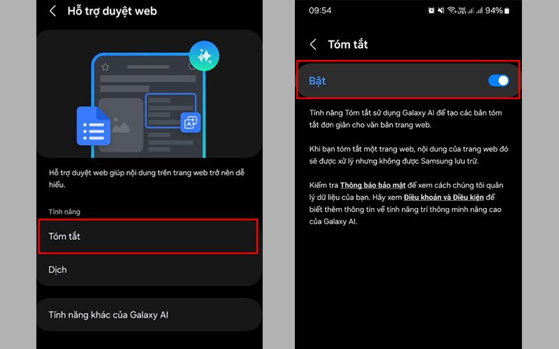 Bật tính năng Tóm tắt trang web bằng Galaxy AI