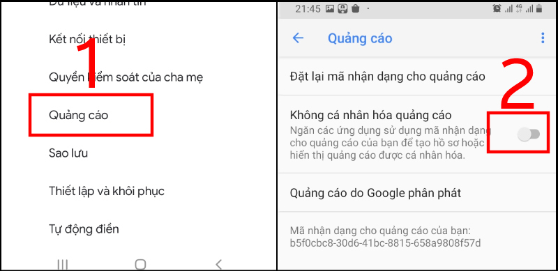 Gạt thanh trượt sang phải để bật tùy chọn Không cá nhân hóa quảng cáo