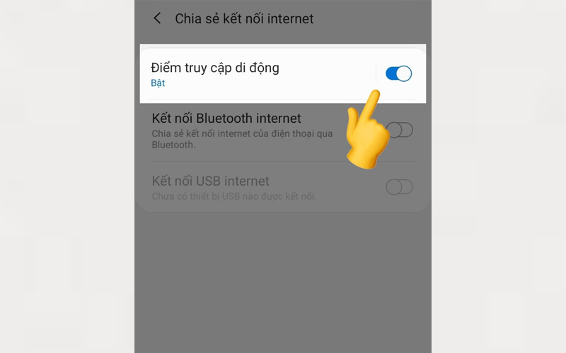 Gạt thanh trượt sang phải để bật tùy chọn Điểm truy cập di động 