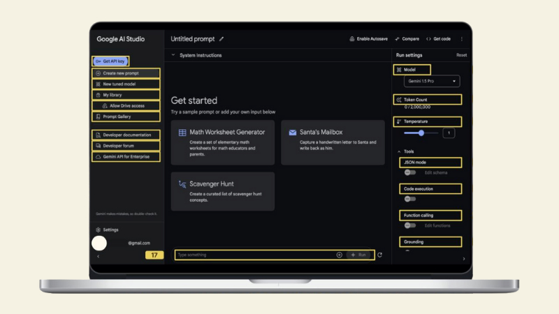 Giao diện hoạt động của Google AI Studio