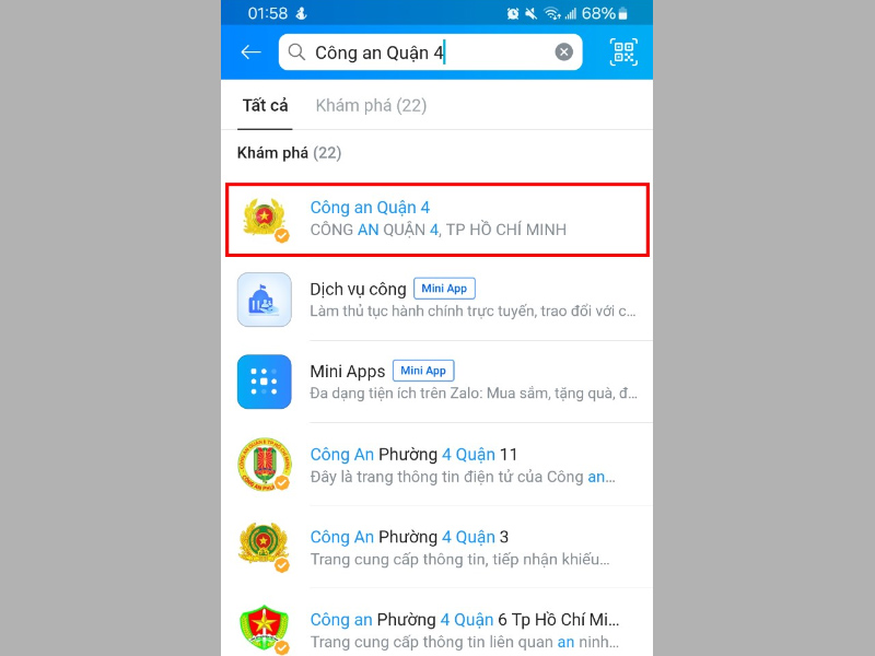 Gõ từ khóa Công an quận cần tìm và nhấn vào kết quả tương ứng